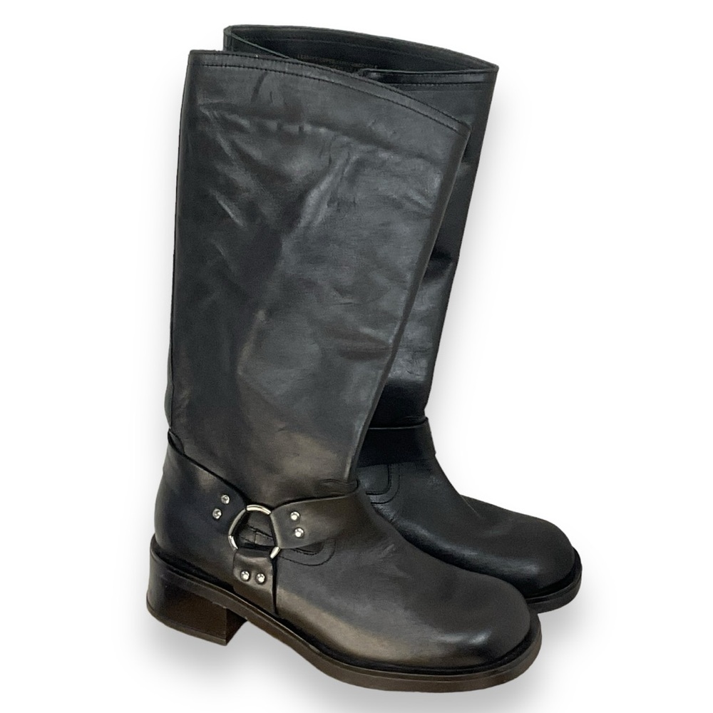 Yokono Boots Womens Leather Black Biker Riding High Tall Moto Size 9.5 NWT